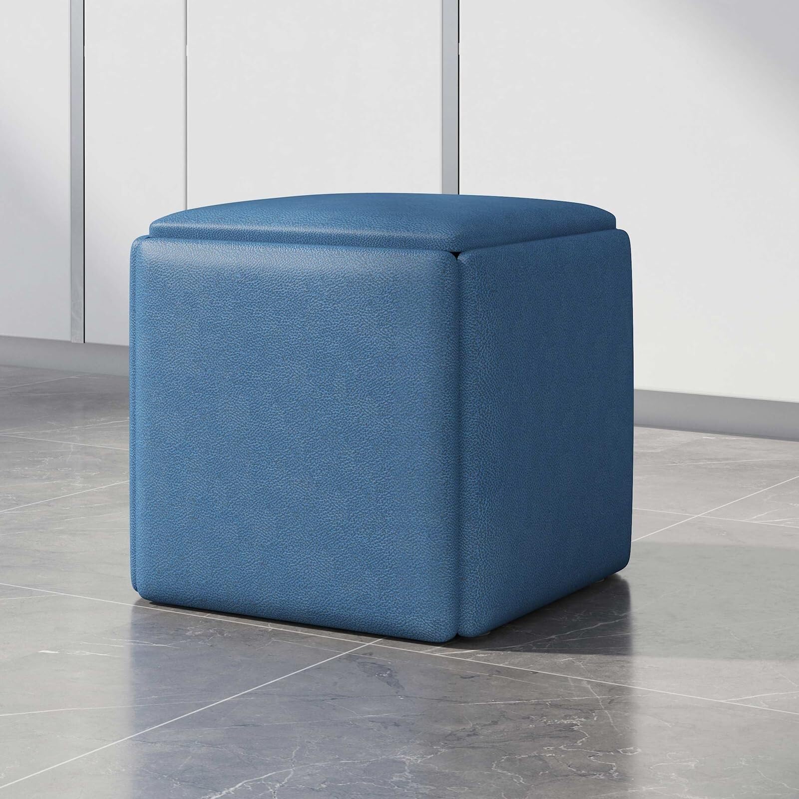 Tabouret cube gigogne bleu 45x45 cm avec roulettes pour salon
