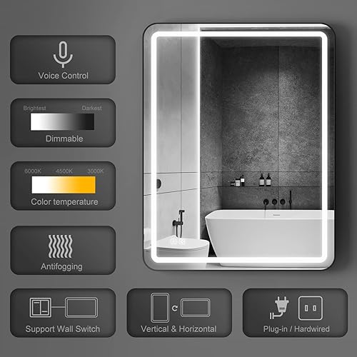 Miniatura 2 de HOROW Espejo de baño con luces, espejo de tocador de baño de 32 x 24 pulgadas para pared, espejo negro con luces de atenuación, antiniebla, espejo