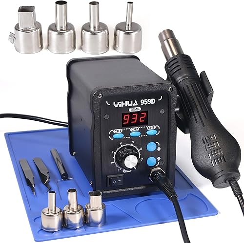 YIHUA Paquete de estación de retrabajo de aire caliente profesional 959D con boquillas de aire caliente #2300 con alfombrilla de trabajo, pinzas y