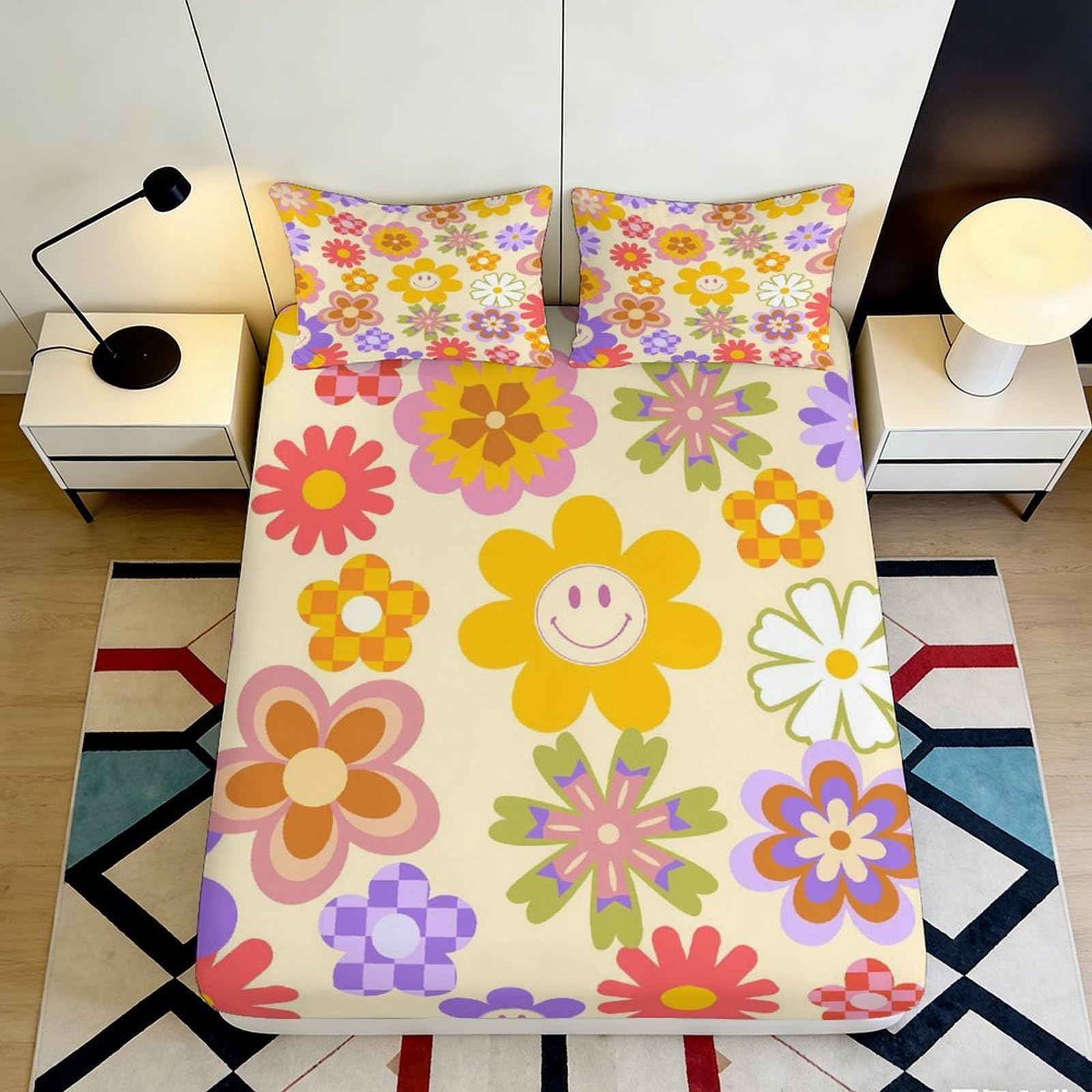 3D Printed Colorful Smiley Flowers Fitted Sheet Microfiber Soft Breathable Vibrant Floral Bed Cover for Bedroom Dormitory Guest Room Mattress Protection 140x200x25cm