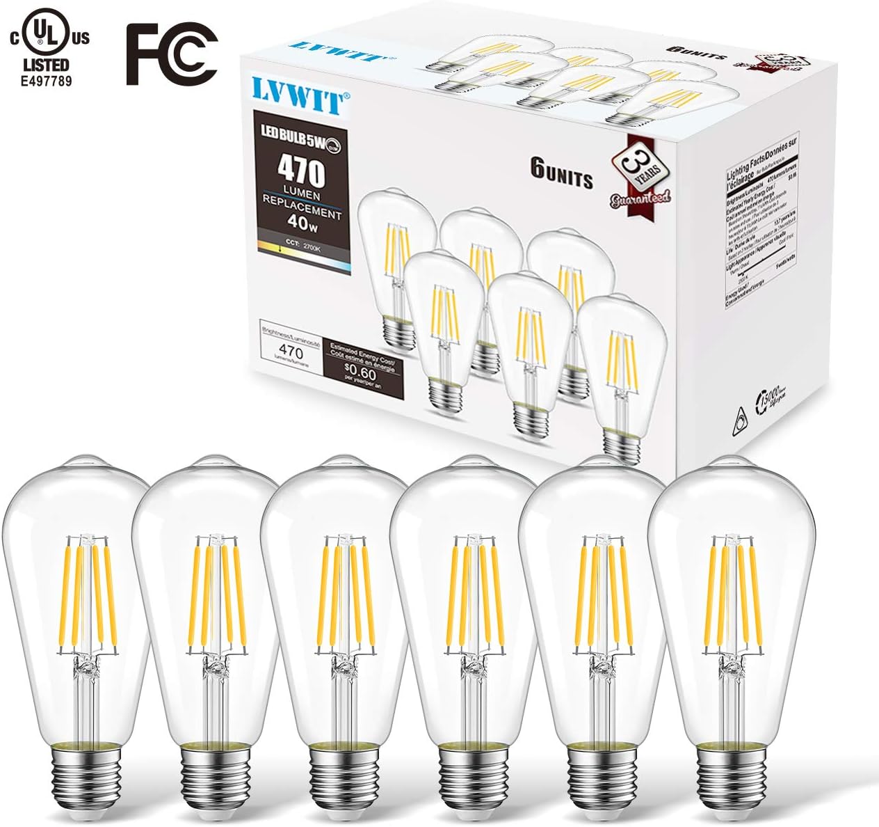 Soft White LED Vintage Filament Bulbs, Pack of 6
