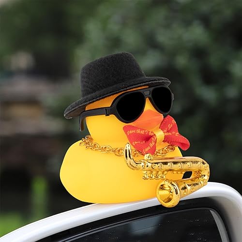 Miniatura 6 de wonuu Decoración de pato de goma para automóvil, accesorios de adorno para tablero de instrumentos musicales, mini sombrero, pajarita negra
