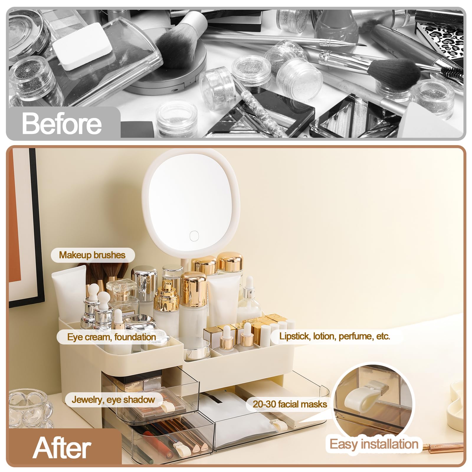 DASITON Make up Kosmetik Organizer mit Spiegel, Großer Kosmetik Aufbewahrung mit 3 Schubladen, Makeup Organizers für Schlafzimmer Schminktisch Badezimmer Organizer Schminke Lippenstift Perfume (Creme)