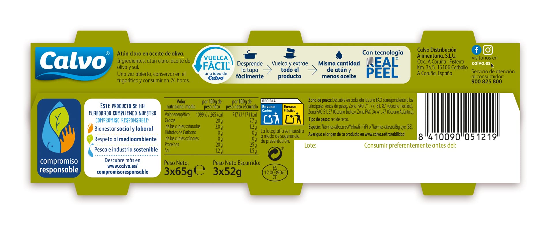 Calvo Atún Claro en Aceite de Oliva Pack3 x 65g