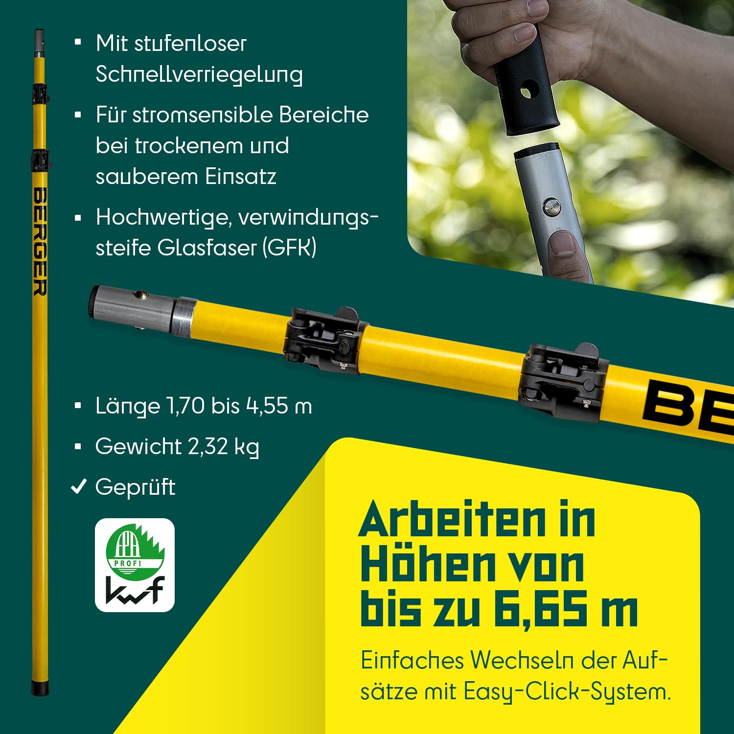 BERGER ArboRapid Set 77039 | Teleskop Astsäge für Profis | Teleskopsäge 6,65m Arbeitshöhe | Hochentaster aus Glasfaser | Baumsäge inkl. Tasche & Aufsatzsäge | Astsäge Teleskop zertifiziert & geprüft