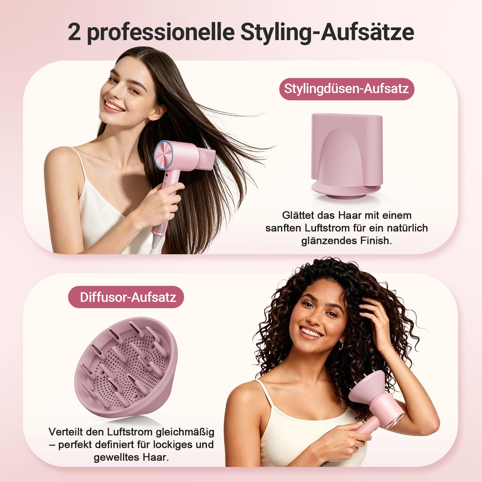 Ionen Haartrockner Föhn, 22m/s, 3 Min Schnell Trocknen, 500M Ionen gegen Frizz, 6 Modi, 3-Farben LED, 1600W, 2 Magnetdüsen(Styling& Diffusor) für Locken&Glätten, Zuhause und Unterwegs, 360g Rosa