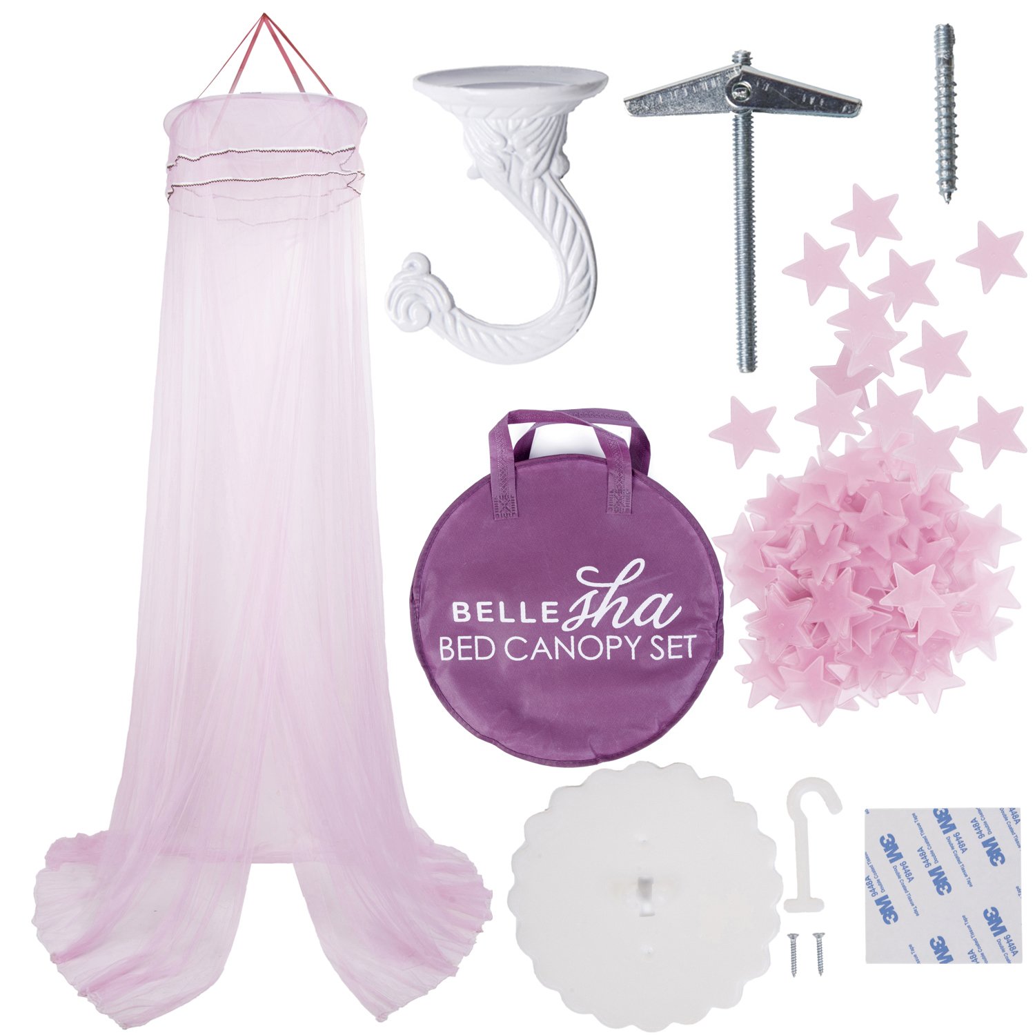 Girls Bed Canopy [Pink] with Glowing Pink Ceiling/Wall Stars - Princess Combo Pack!