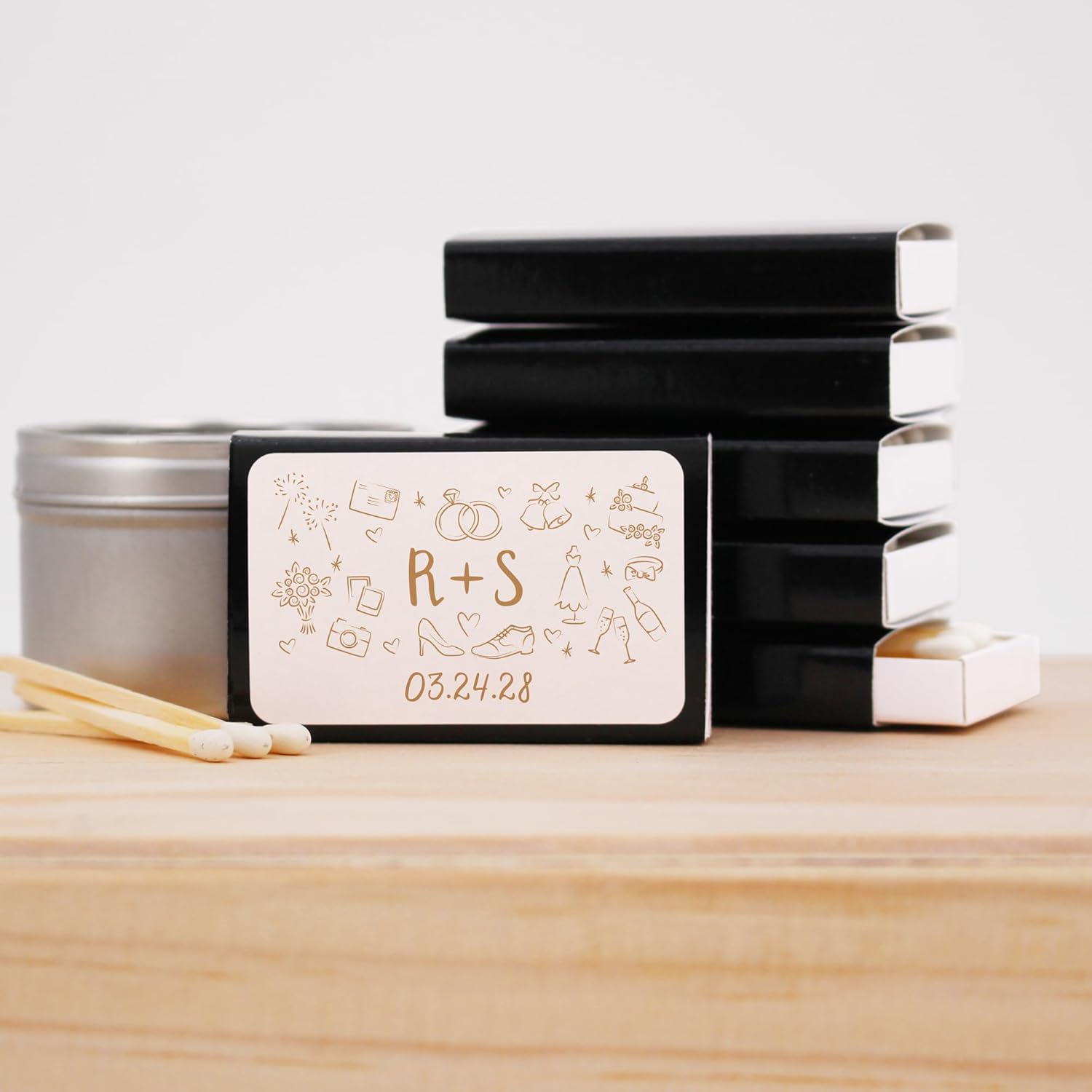 Hand Drawn Wedding Matches, Personalized Matches for Wedding Favors - Custom Wedding Matches (Set of 50 Matchboxes) (Black Box)
