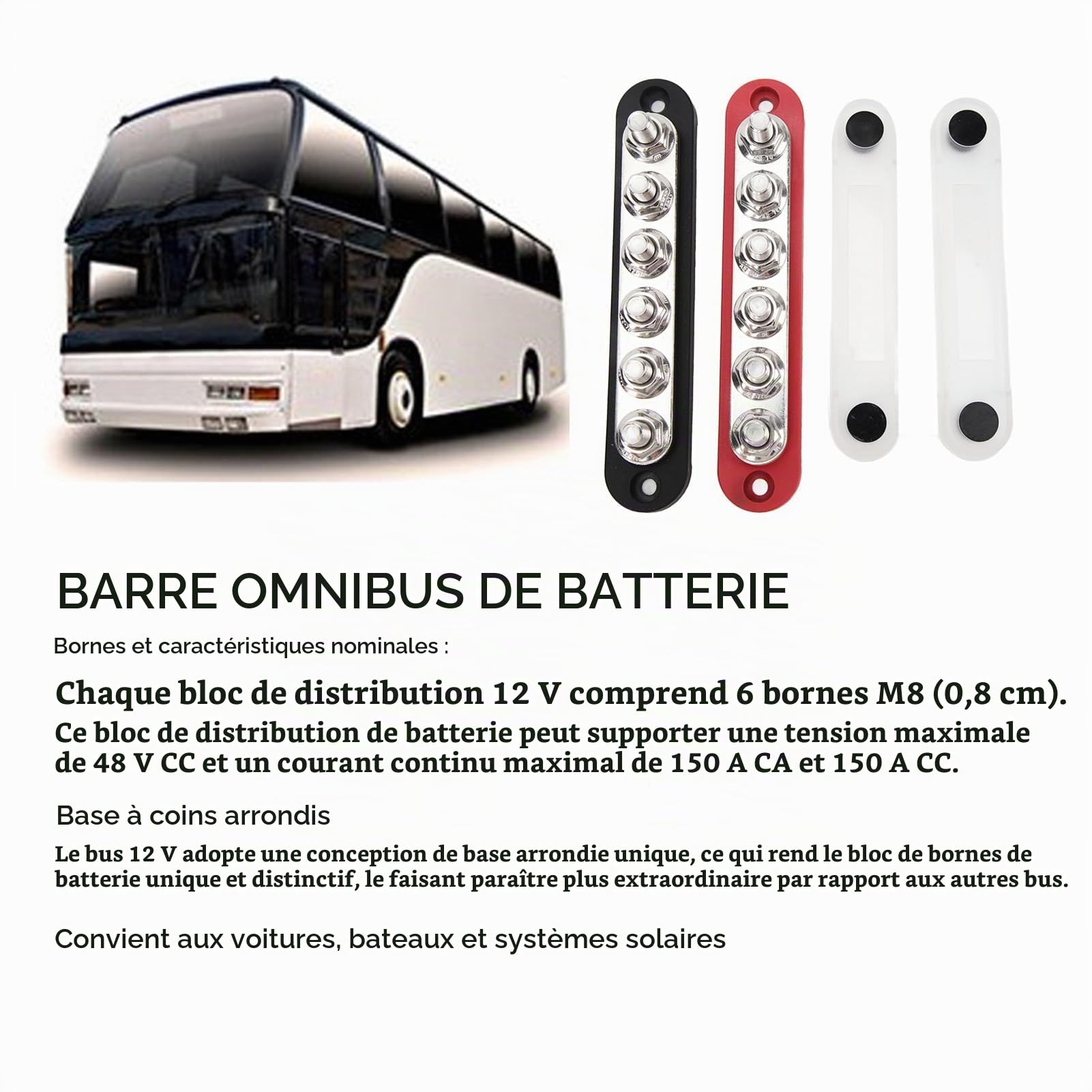 2 Pièces Barre Omnibus De Batterie, Bloc De Distribution De Bornes D'alimentation à 6 Canaux, Bloc de Distribution d'alimentation M8 150A DC 12-48V，Battery BusBar with Cover for Auto, Boat