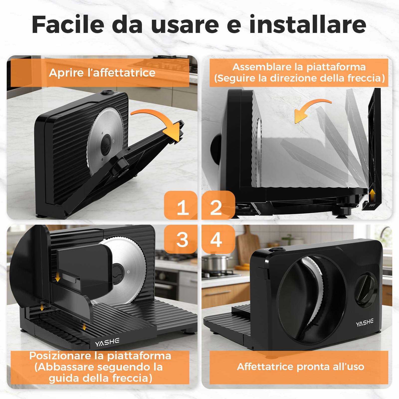 YASHE Affettatrice Elettrica Pieghevole 180W, Lama Inox 17 cm, Spessore Regolabile 0–15 mm, Compatta e Salvaspazio, Ideale per Carne, Formaggio, Pane e Verdure, Nera