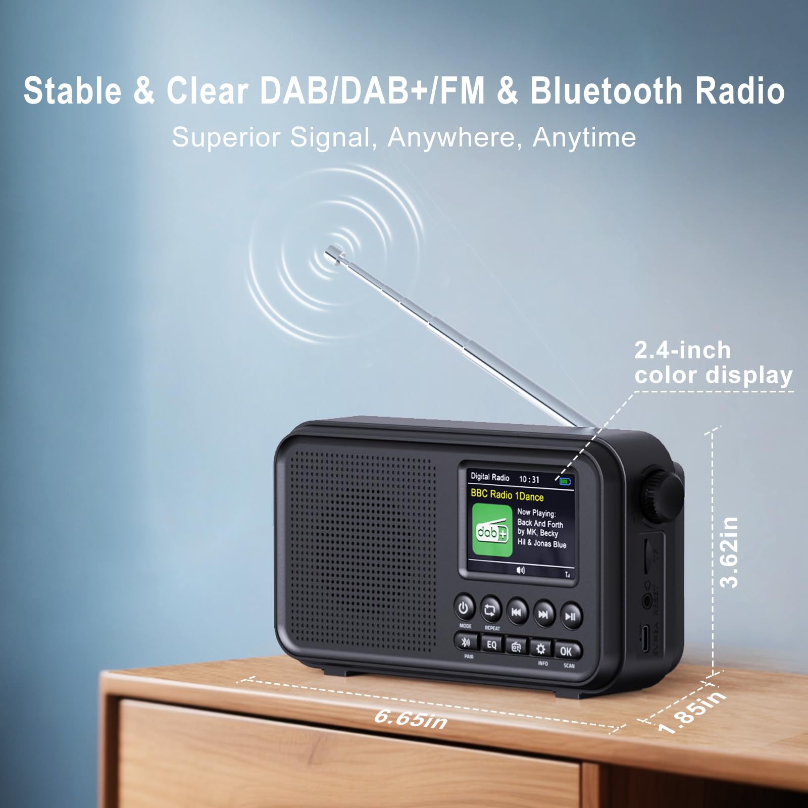 ROCAM DAB Radio Portable with Bluetooth 5.0 & Hi-Fi Speaker, 3000mAH Rechargeable Battery Radio, Mains Powered Digital Radio, 2.4" Display, 40 Presets Stations, Dual Alarms, TF Card Support, EQ Modes - 2