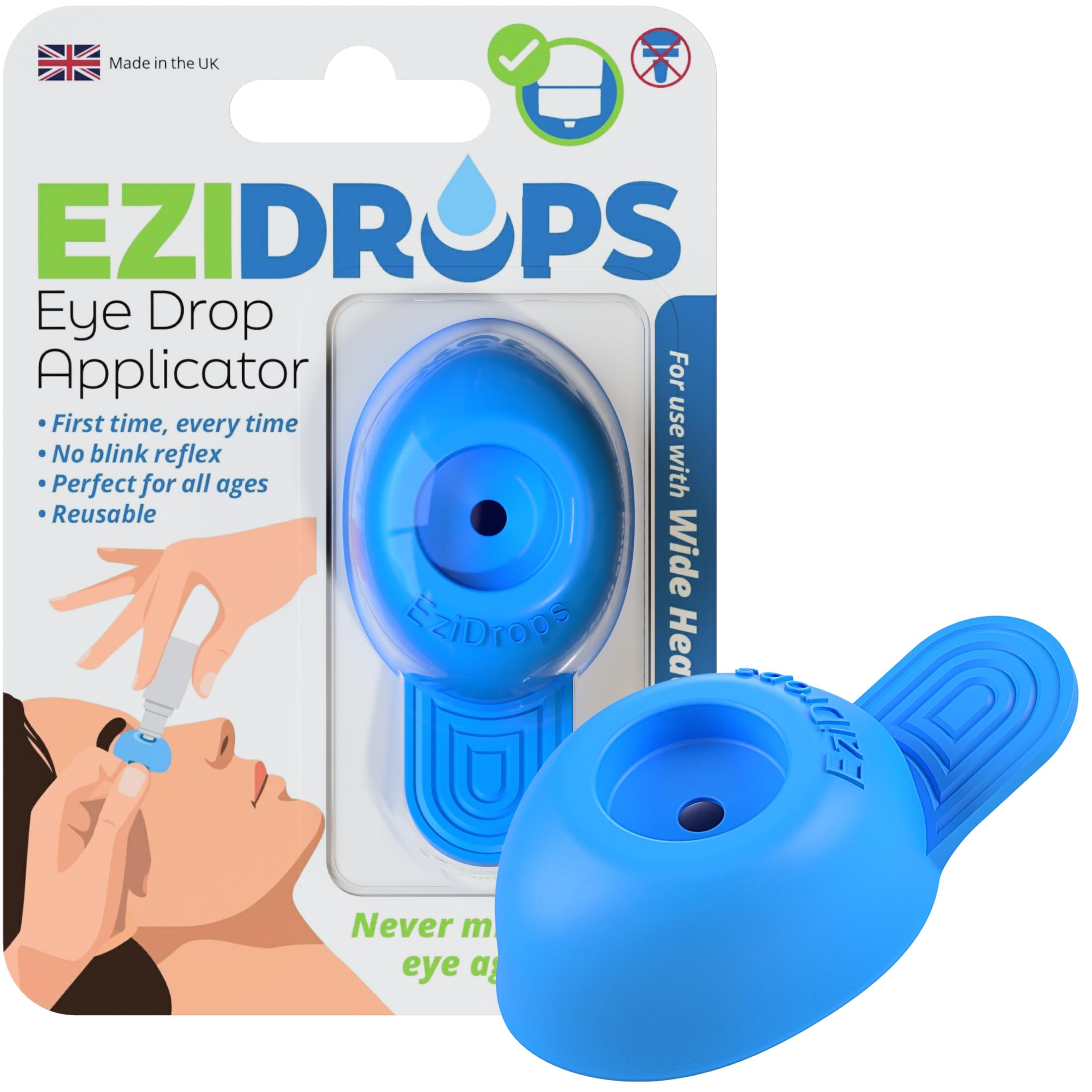 Eye Drop Dispenser - Suitable for Wide/Flat Head Bottles Only - No More Involuntary Blinking and Fluids Wastage! - Reusable Easy Eye Drop Applicator from Young Children to Elderly (Blue)