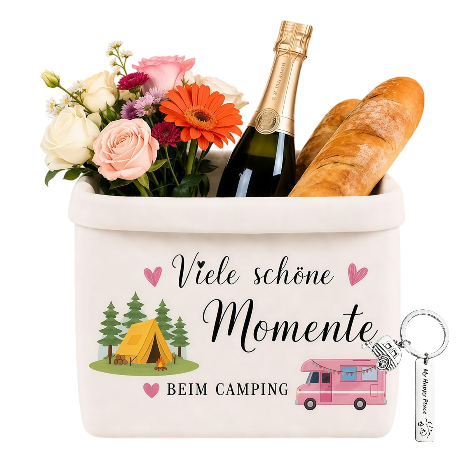 Camping Geschenke Set 4-Teilig, Camper Geschenke Brotkorb Stoff Mit Karte, Schlüsselanhänger Und Umschlag, Wohnwagen Deko Picknick Tasche, Wohnmobil Gadgets Für Frauen Männer