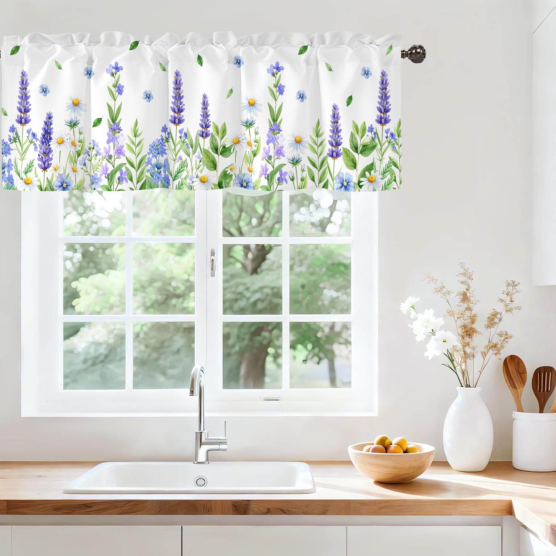 Spring Wildflower Green Leaves Valances for Windows, Rod Pocket 42x12 in