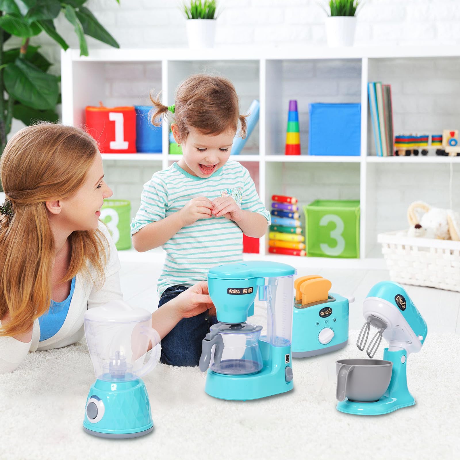 Giochi Accessori da Cucina per Bambini,Kitchen Accessori con Macchina da Caffè,Spremiagrumi,Mixer,Tostapane,Bambino Giocattolo Set da Cucina per Ragazze e Ragazzi 3 4 5 Anni