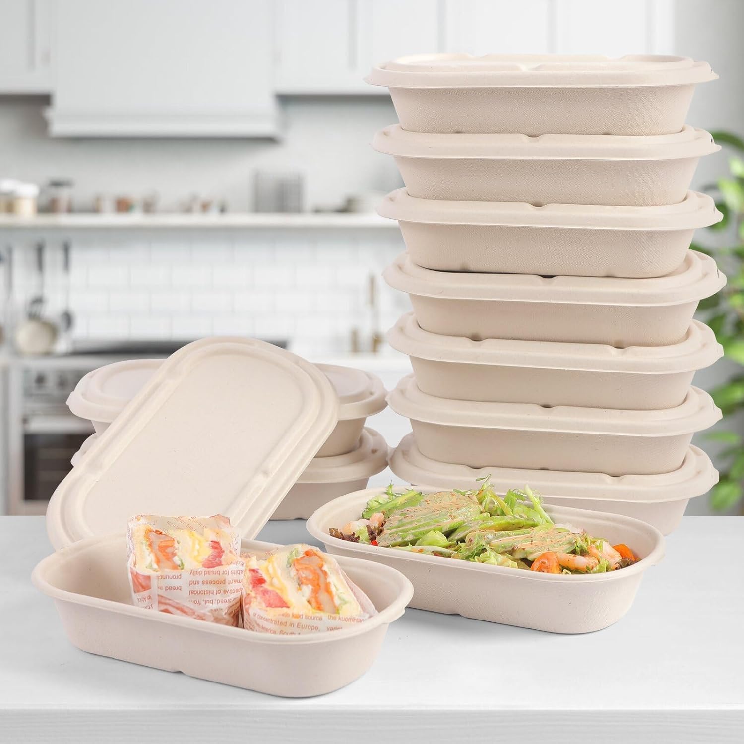 50 recipientes desechables de comida preparada con tapas, compostables para microondas y congelables, recipientes para llevar ensalada para cuencos de comida y cajas bento.