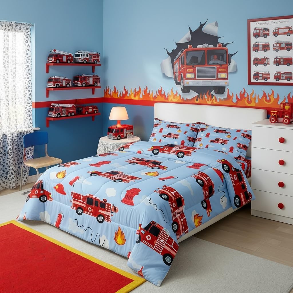Erosebridal Red Fire Truck Toddler Bedding Set Firefighter Fire Truck Comforter for Boys Girls Kids Fighting Supplies Fireman Car Vehicle Bedding Comforters & Sets Ambulance Blue Red Quilt Full