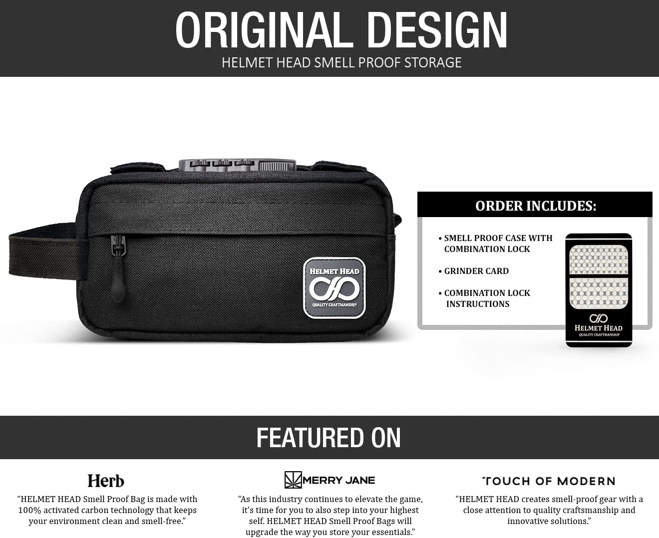 HELMET HEAD Smell Proof Bag, Water Repellent Stash Box, Compact Travel Bag with Combination Lock and Grinder Card For Your Mason Jars, Mylar Bags and Herbs (Black)