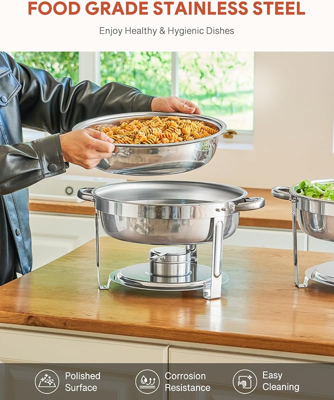 Wilprep 5L Rozsdamentes Acél Ételmelegítő Szett - 4 db Kerek Chafing Dish Melegentartó Tál Rendezvényekhez és Partikhoz