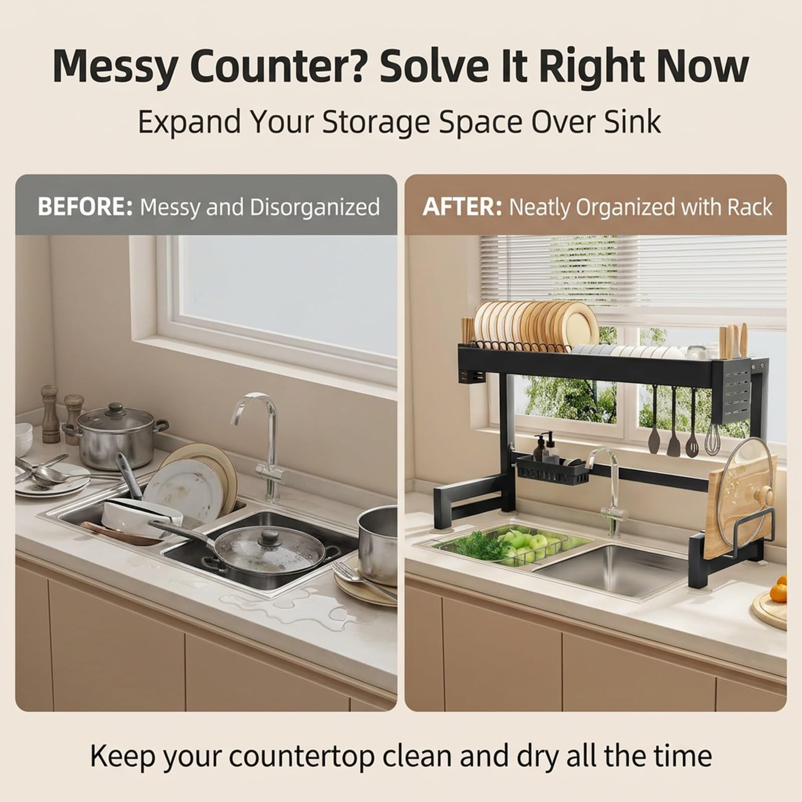 Escurreplatos de Acero sobre Fregadero, Estante Organizador de Cocina | Acero al carbono, Diseño extensible, Ahorro de espacio, Accesorios completos(Wit,105cm/41.3in)