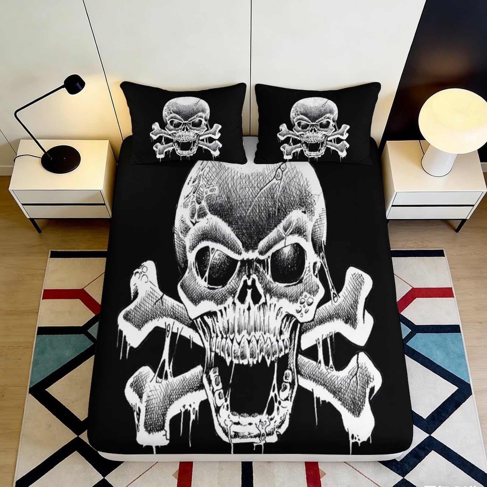 3D Printed Skull Crossbones Fitted Sheet Microfiber Black Bed Cover for Bedroom Dorm Mattress Protection Decor 140x200x25cm