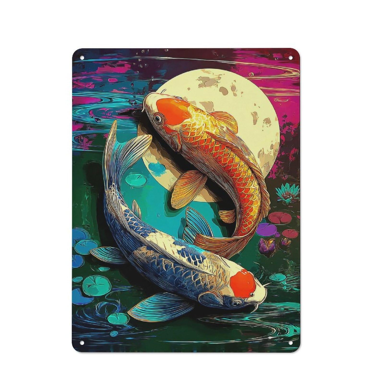 Junmoney Koi Fish Pond With Full Moon Understated Decorative Metal Sign 40X30cm Featuring Study Room Decor For Workspace, Cafe, Shop Or Desk Area