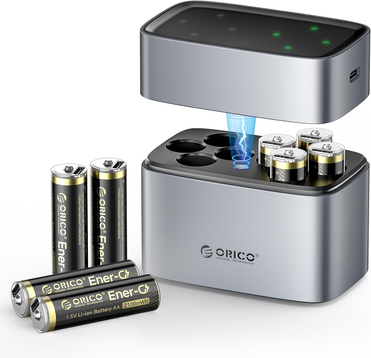 ORICO USB-C Rechargeable AA Lithium Batteries with Charger, (8 Pack, 1.5V), Recharge up to 1500+ Cycles, 2.5H Fast Charger, Li-Ion Batteries Suitable for Remote Control, Electronic Toys -LEG5