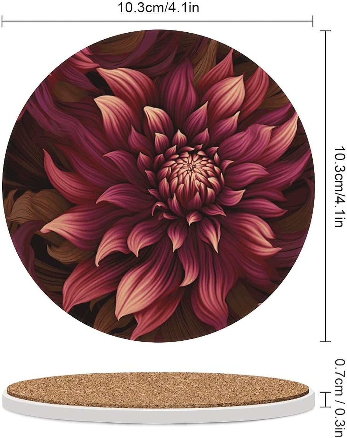 Wine Red Artistic Flower Coaster with Cork Base Drink Coasters for Coffee Table Decor Modern Cup Coasters with Non-Slip & Heat-Resistant Cute Ceramic Table Coaster for Home Dining
