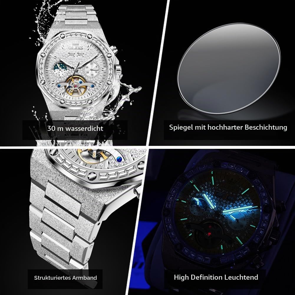 OLEVS Herrenuhr Automatik Skelettierte Luxus Diamanten Mechanische Uhr Wasserdicht Leuchtende Armbanduhr