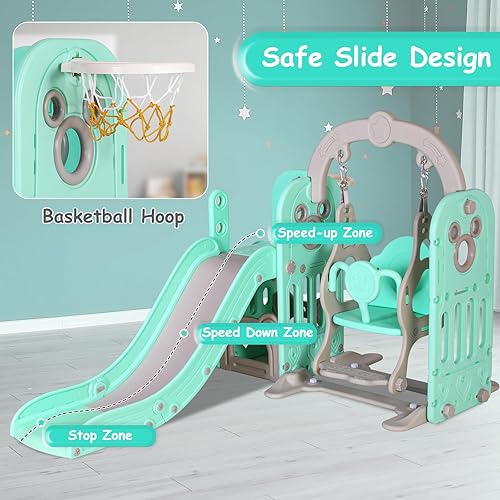 Miniatura 2 de MAMIZO Juego de tobogán y columpio 7 en 1 para niños pequeños, juego independiente de escalador de tobogán para niños con aro de baloncesto, patio
