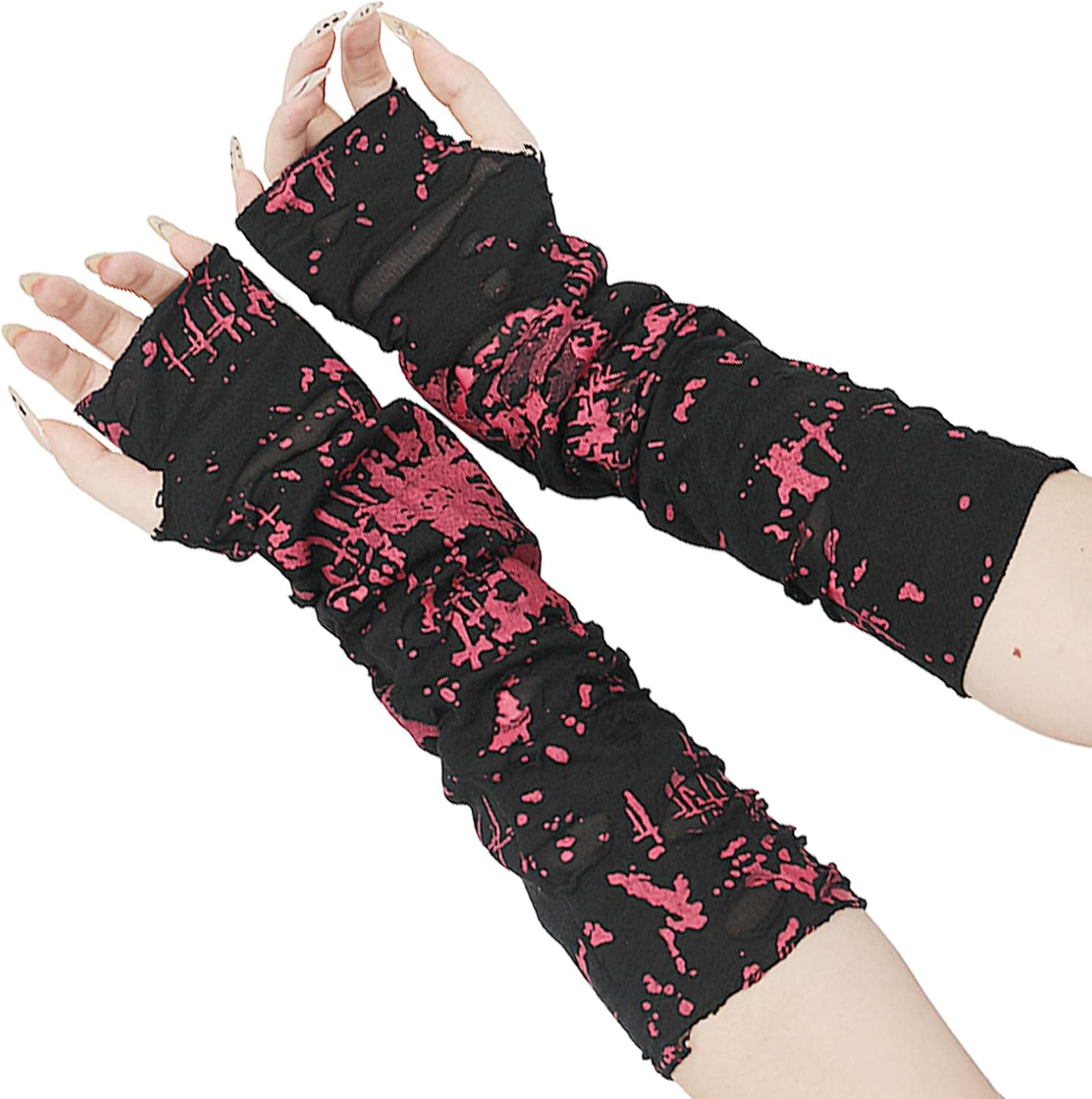 YAMEIZE Women Goth Fingerless Gloves - Black Grunge Long Ripped Slit Gloves for Halloween Costume Party - Image 2