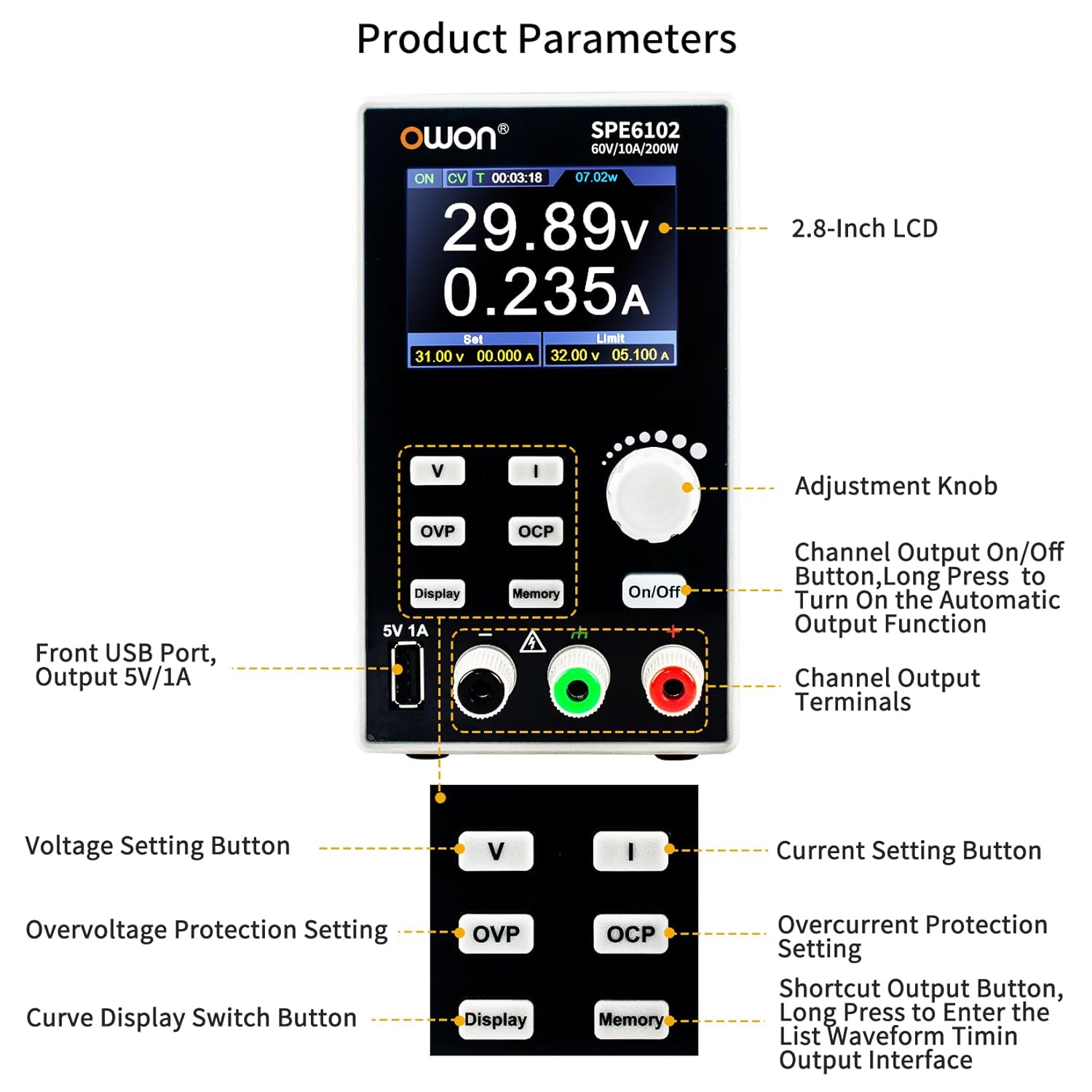 OWON Lab Power Supply (0-60V 0-10 A), Programmable 200w Bench DC Power Supply with 2.8 inch LCD Display and Output Enable/Disable Button,Single Channel Output with PC Software and USB Charging SPE6102