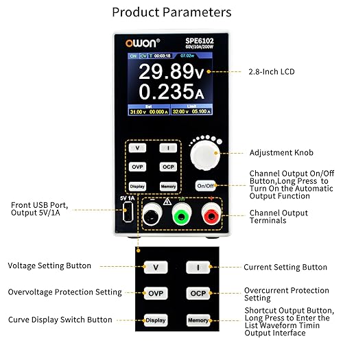 Vista 22 de OWON Fuente de alimentación de laboratorio (0-30V 0-10 A), fuente de alimentación CC de banco programable de 200 W con pantalla LCD de 2.8 pulgadas