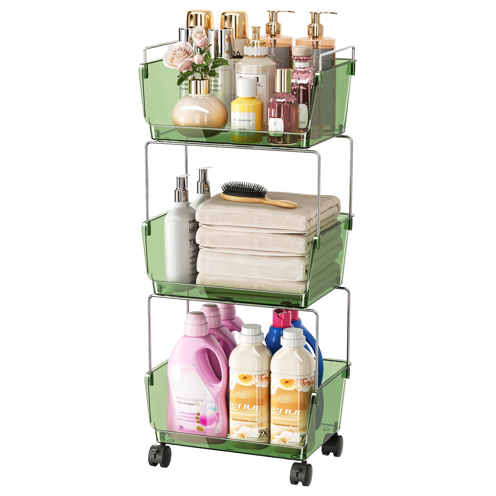 Delamu 3-Tier Metal Rolling Cart for Kitchen, Bathroom, Office – Plastic Utility Storage Carts with Wheels – Ideal for Small Spaces, Pantry, Classroom, Workshop Organization and Storage, Green
