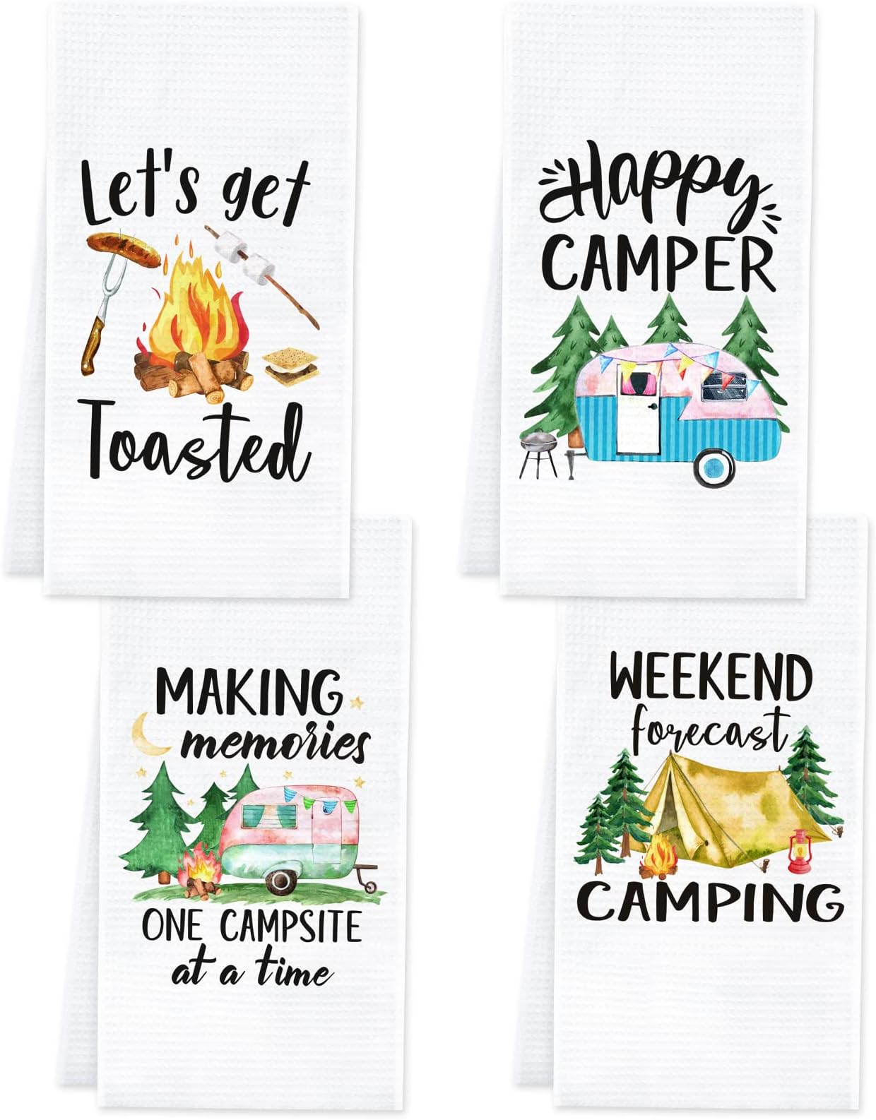 Vansolinne 4 Pack White Camping Kitchen Towels Printed with Funny Quotes Novelty Gift for Campers Camping Accessories RV