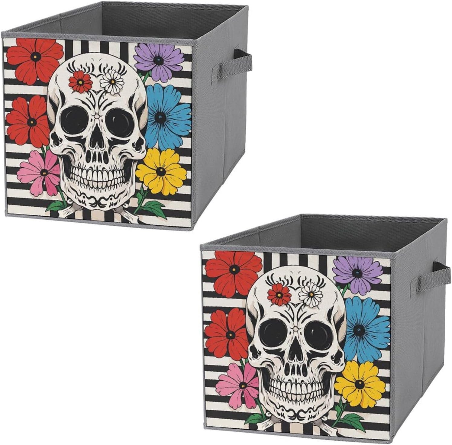 Skeleton And Flower Black And White Foldable Storage Box with Handles, Durable Oxford Storage Cubes, 2PCS Collapsible Closet Organizer for Home, Shelf, Office, Travel