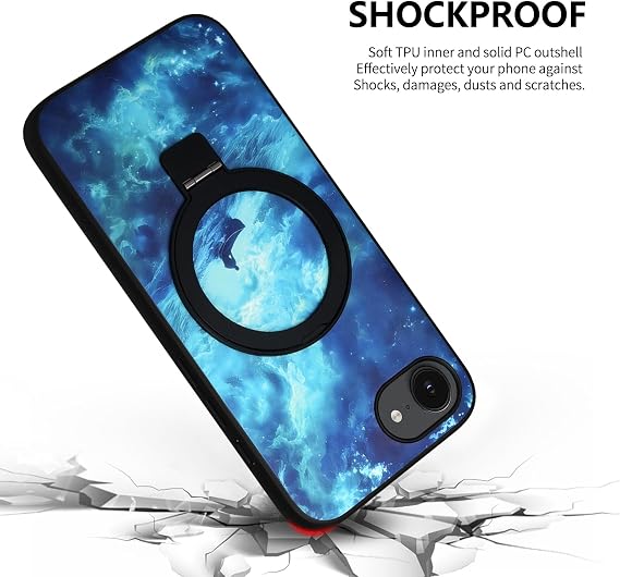 iPhone 16e ケース 2025、スタンド対応 暗闇で光る スリムフィット 耐衝撃 カメラ保護 頑丈なハードPC + ソフト TPU 美的電話ケース Apple iPhone 16e 6.1インチ用、ブルー