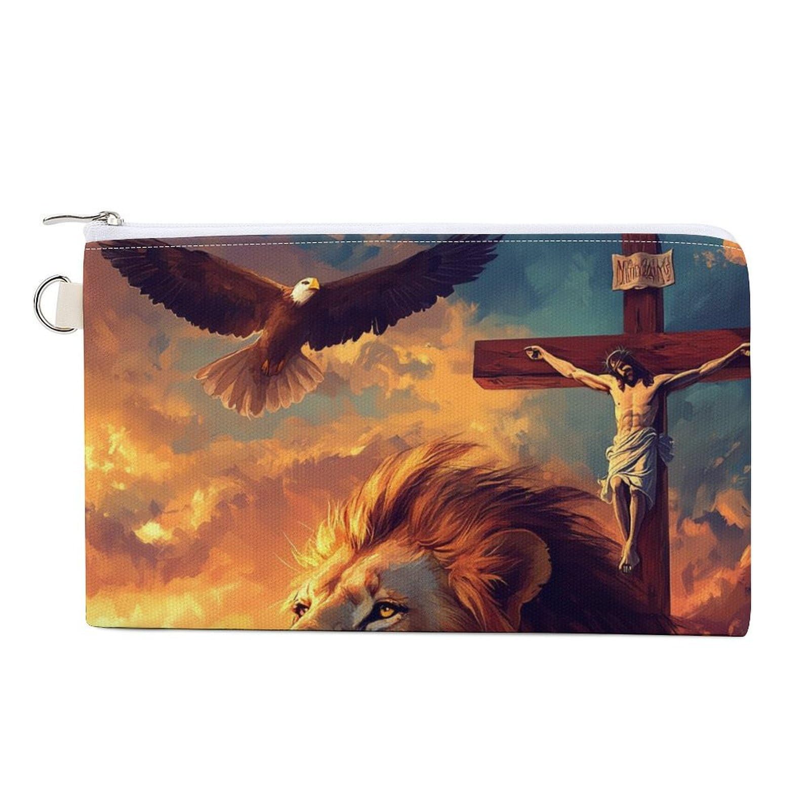 Christian Lion Of Judah Ea-gle Coin Purse Canvas Change Pouch Portable Pocket Wallet Mini Storage Bag with Zippered Keychain