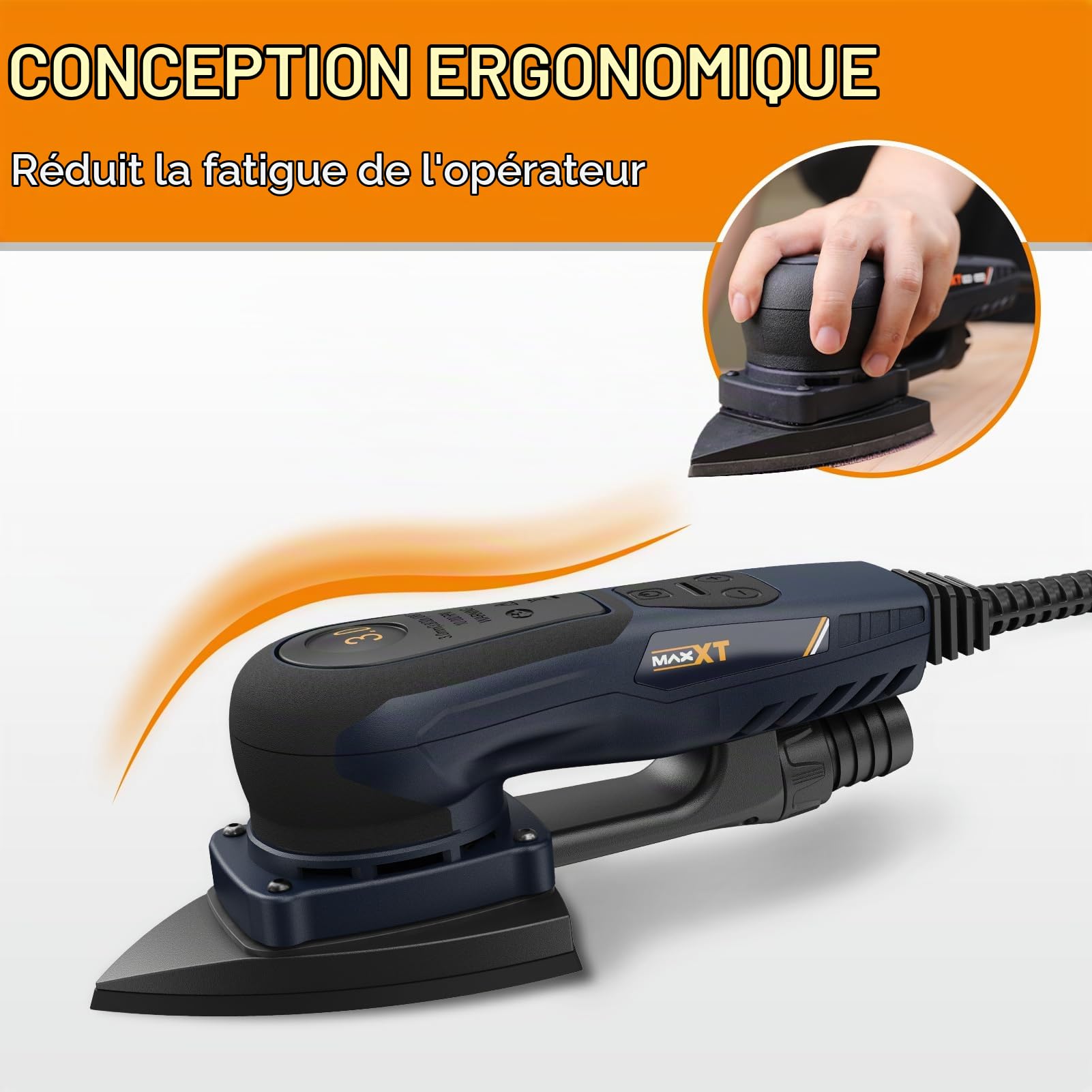 MAXXT Ponceuse Delta et Rectangle 2-en-1 sans balais 350W, 6 vitesses réglables (4000-10000 tr/min), Arrêt en 1-2 secondes, 20 feuilles abrasives incluses, Parfaite pour les angles serrés