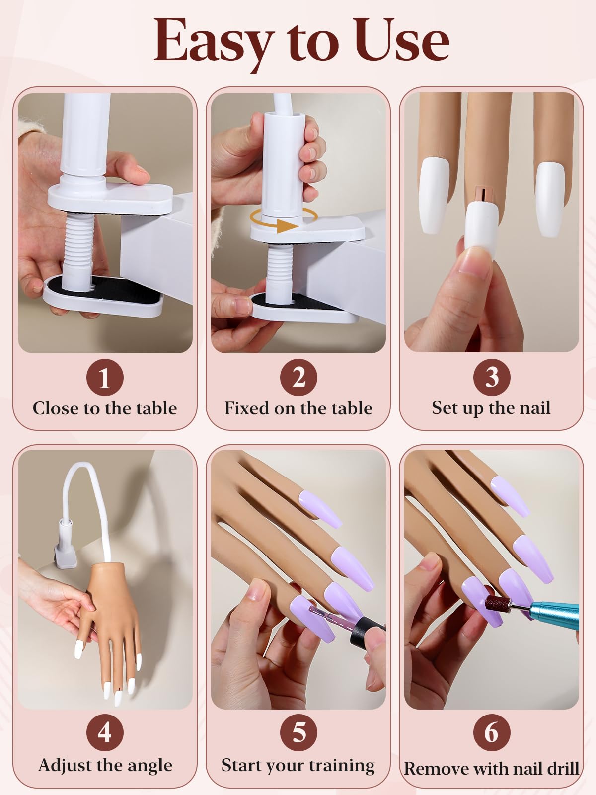 Main D'Entrainement Manucure - Silikon Main Entrainement Ongles avec 200 Pièces Faux Ongles - Flexible Fausse Main pour Ongle pour Débutants Professionnel Salon