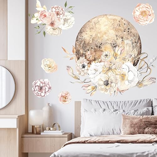 Miniatura 14 de Calcomanías de pared bohemias con diseño de peonías, atrapasueños, acuarela, calcomanías de pared florales, murales artísticos decorativos