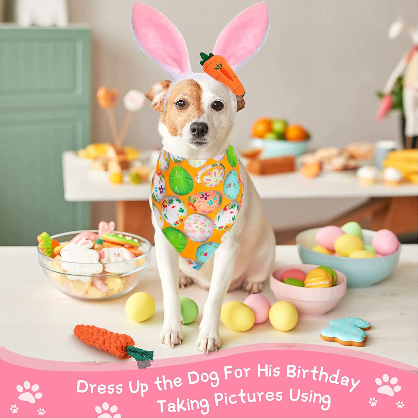 Dog Easter Costume Cute Bunny Ears Headband Easter Eggs Bandana Puppy Funny  Rabbit Carrot Chew Toys 3Pcs Easter Party Gifts Medium Large Dog Easter