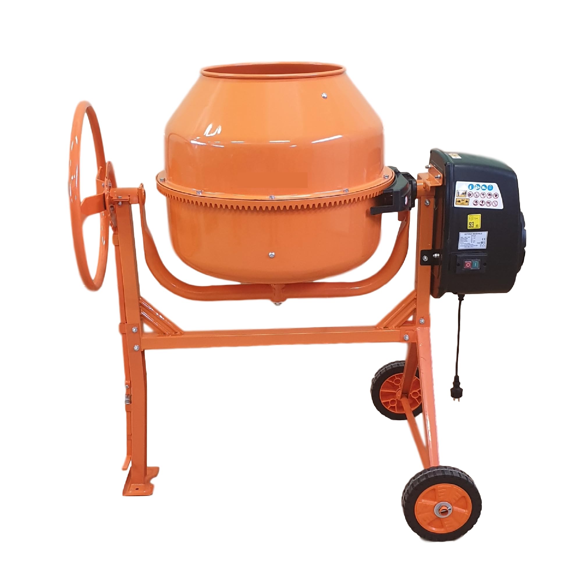 Betonmischer BAU160, 160L Trommel, 850W Motor, Orange, Stahlrahmen mit Metall-Zahnkranz, Kunststoffräder, Kipp-Handrad