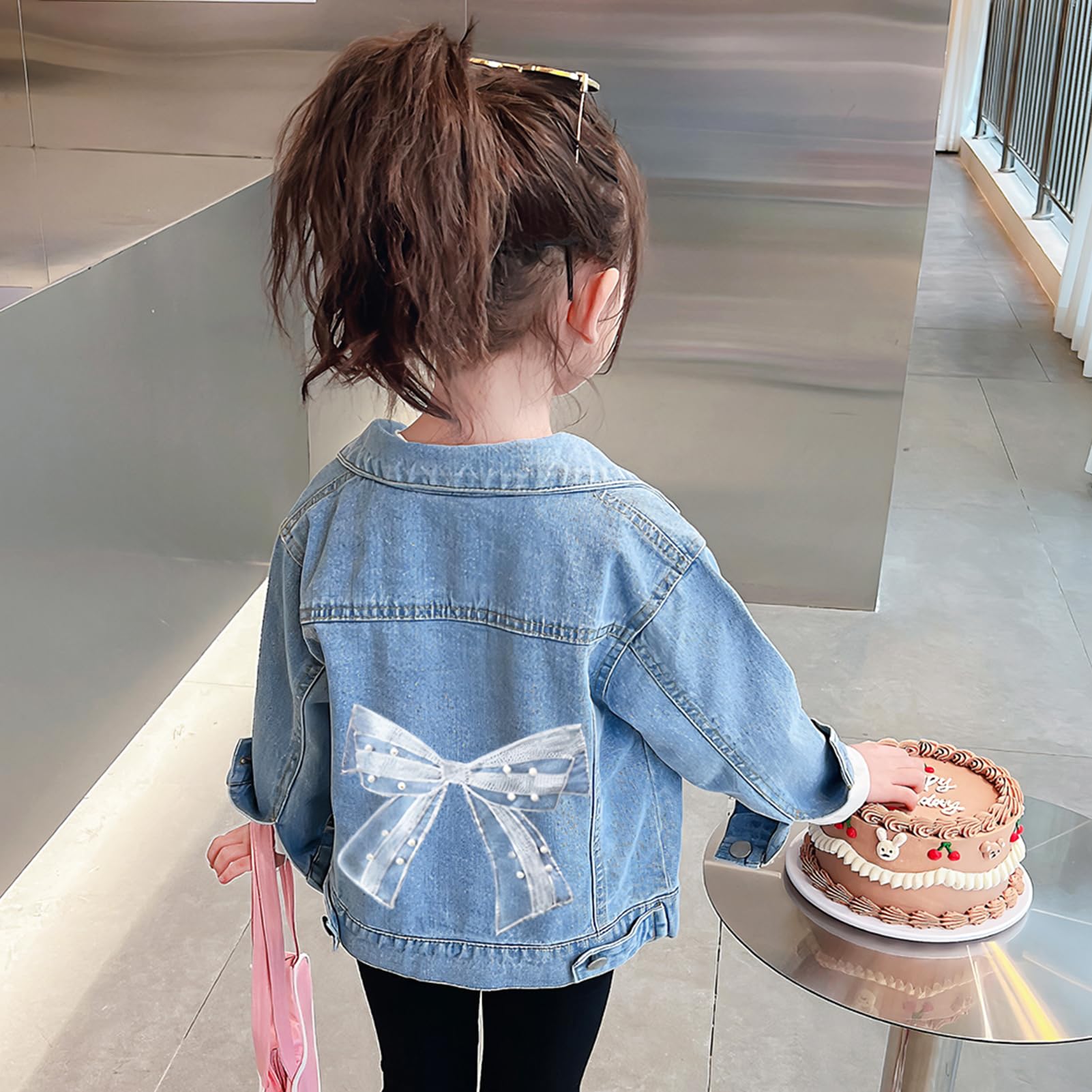 Veste en Jean pour Enfants avec Fleurs Brodées Fille Manteau en Denim avec Bow Outdoor Jacket