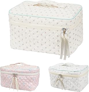 Makeup Bag Floral Cosmetic Bag Cotton Makeup Bag Aesthetic Floral Toiletry Bag Kawaii Makeup Bag Large Travel Cosmetic Bag Quilted Cosmetic Pouch for Women Girls (White & Flower）