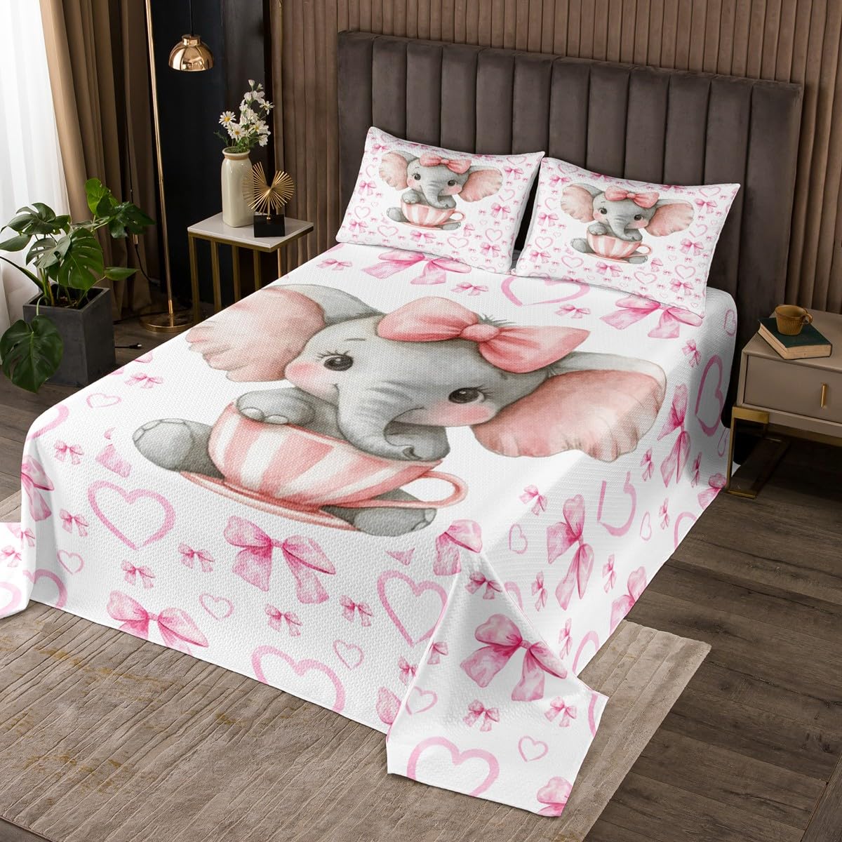 Homewish Set copripiumino per letto singolo per bambini, motivo elefante rosa, con fiocco e nodo, stile cartone animato, copriletto trapuntato per bambini, ragazzi, donne, con fiocco, decorazione per