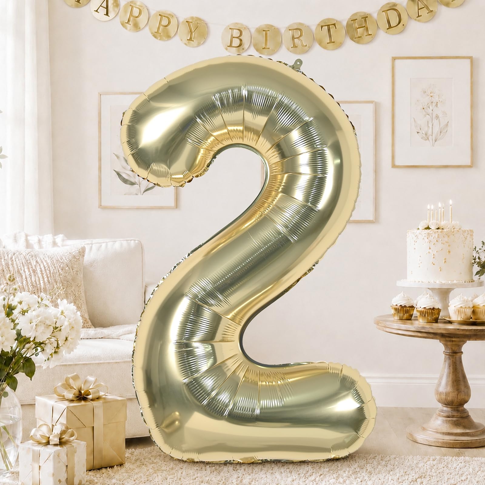 Champagne Gold 40 Inch Balloon Number 2, Large Light Gold Foil Number 2 Balloons Set 0-9 for Girls Boys, Digital 2 Helium Balloon for Women Boho Baby Shower Anniversary 2nd Birthday Party Decorations