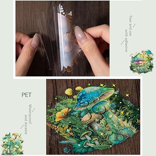Miniatura 5 de Yoksas 60 calcomanías vintage de hongos del bosque de fantasía, calcomanías holográficas transparentes impermeables para diario de balas basura,