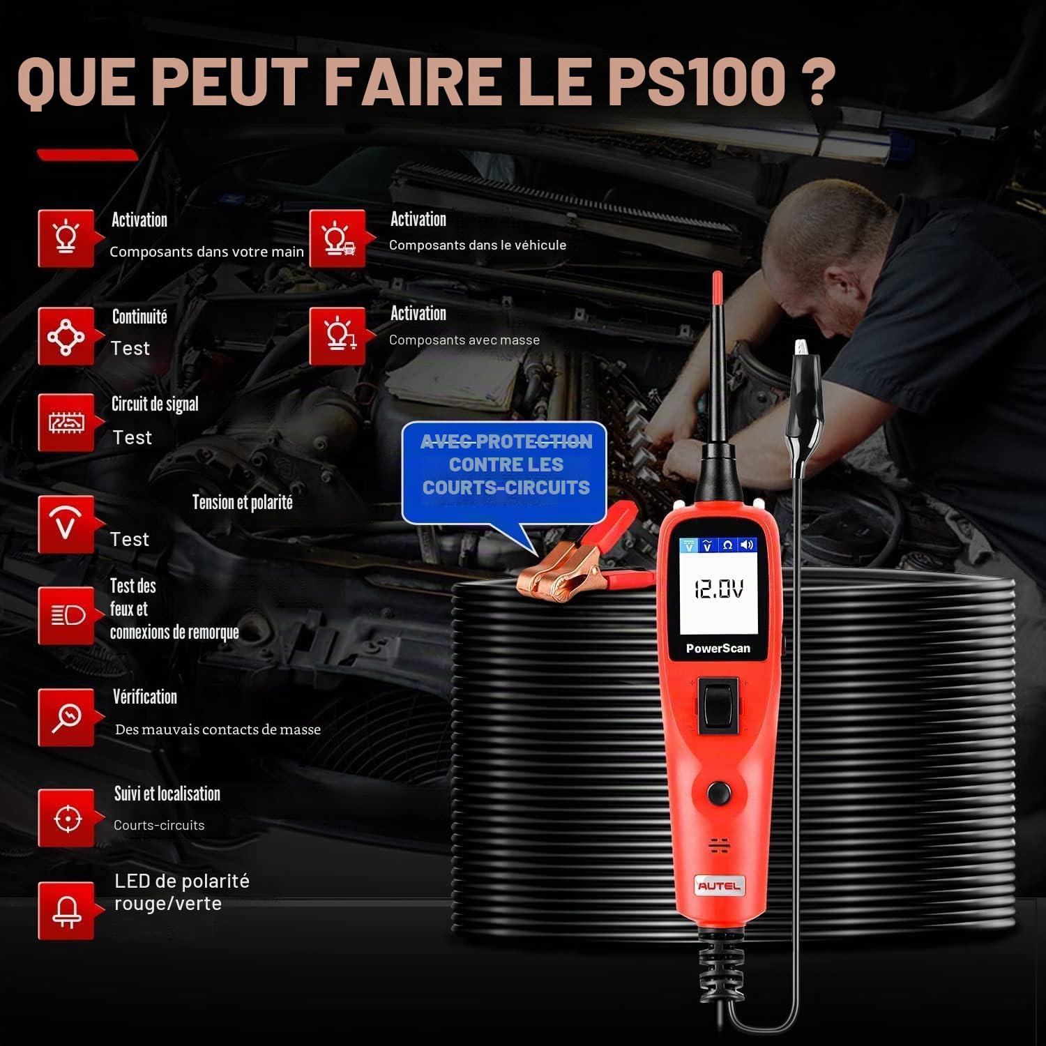 Autel PowerScan PS100 Sonde Circuit Électrique, 12V 24V Outil de Diagnostic Circuit Électrique, Testeur de Circuit Automobile, Lire la Résistance du Courant AC/DC, Disjoncteur Intégré, 20 Pieds Cordon