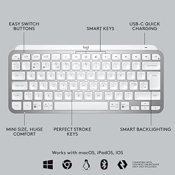Logitech MX Keys Mini Keyboard and Lift Vertical Ergonomic Mouse Combo - Wireless, Backlit Keys, Bluetooth or Logi Bolt USB receiver, Quiet, Windows/macOS/iPadOS, Laptop, PC, QWERTY UK - White